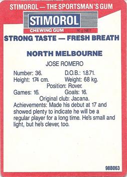 1990 AFL Scanlens Stimorol #104 Jose Romero Back